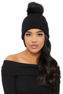 Womens Ribbed Knit Faux Fur Pom Pom Beanie, Black