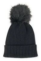 Womens Ribbed Knit Faux Fur Pom Pom Beanie, Black