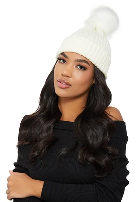 Womens Ribbed Knit Faux Fur Pom Pom Beanie, White