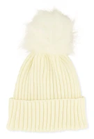 Womens Ribbed Knit Faux Fur Pom Pom Beanie, White