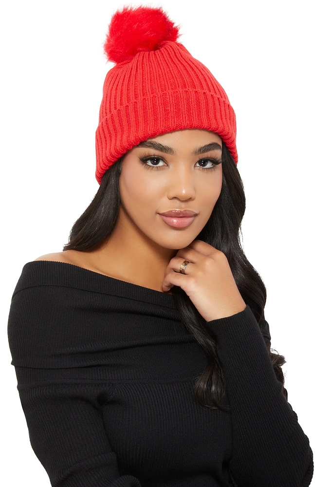 Womens Ribbed Knit Faux Fur Pom Pom Beanie, Red