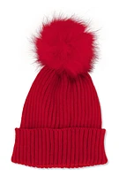 Womens Ribbed Knit Faux Fur Pom Pom Beanie, Red