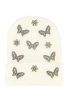 Womens Rhinestone Butterfly Studded Beanie, White