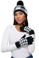 Womens Buffalo Plaid Pom Pom Beanie and Gloves Set, Black