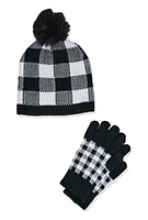 Womens Buffalo Plaid Pom Pom Beanie and Gloves Set, Black