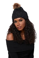 Womens Faux Fur Pom Pom Cable Knit Beanie, Black