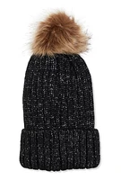 Womens Faux Fur Pom Pom Cable Knit Beanie, Black