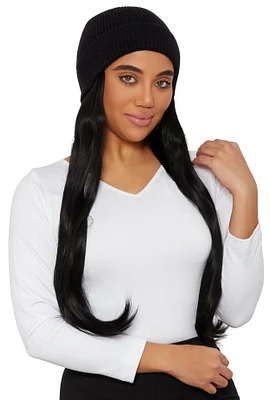 Womens Synthetic Long Hair Wig Beanie, Black