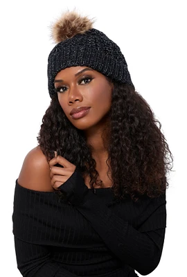 Womens Faux Fur Pom Pom Knit Beanie, Black