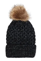 Womens Faux Fur Pom Pom Knit Beanie, Black