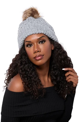 Womens Faux Fur Pom Pom Knit Beanie, Grey