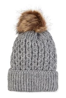 Womens Faux Fur Pom Pom Knit Beanie, Grey