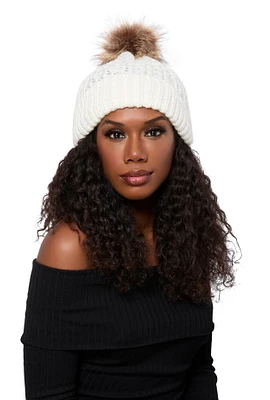 Womens Faux Fur Pom Pom Knit Beanie, White