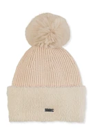 Womens Faux Fur Pom Pom Eyelash Knit Cuff Beanie, Beige