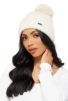 Womens Faux Fur Pom Pom Eyelash Knit Cuff Beanie, Beige