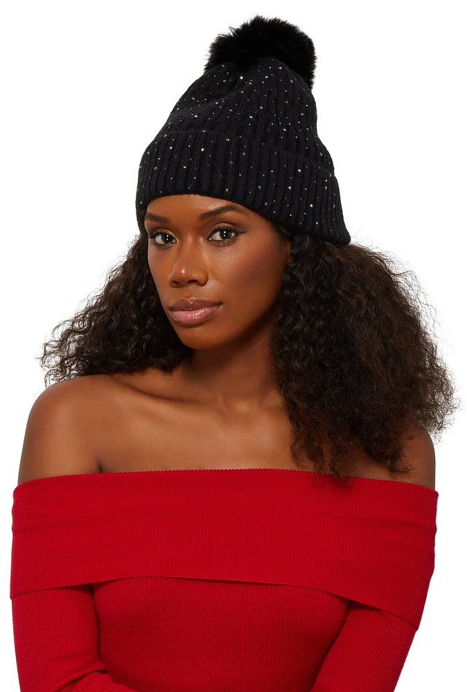 Womens Rhinestone Cable Knit Pom Pom Beanie, Black