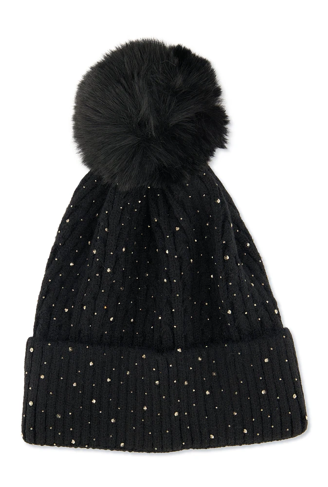 Womens Rhinestone Cable Knit Pom Pom Beanie, Black
