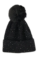 Womens Rhinestone Cable Knit Pom Pom Beanie, Black