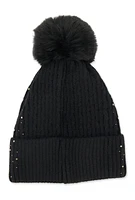 Womens Rhinestone Cable Knit Pom Pom Beanie, Black