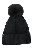 Womens Rhinestone Cable Knit Pom Pom Beanie, Black