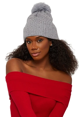 Womens Rhinestone Cable Knit Pom Pom Beanie, Grey