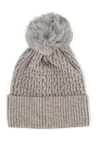 Womens Rhinestone Cable Knit Pom Pom Beanie, Grey