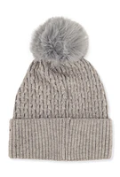 Womens Rhinestone Cable Knit Pom Pom Beanie, Grey