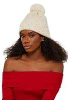 Womens Rhinestone Cable Knit Pom Pom Beanie, Beige