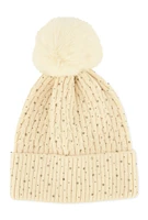 Womens Rhinestone Cable Knit Pom Pom Beanie, Beige