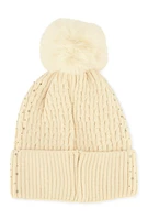 Womens Rhinestone Cable Knit Pom Pom Beanie, Beige