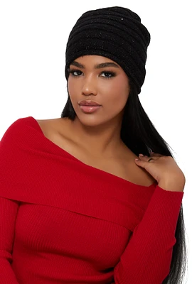 Womens Sequin Lurex Knit Beanie, Black