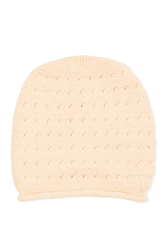 Womens Sequin Lurex Knit Beanie, Beige