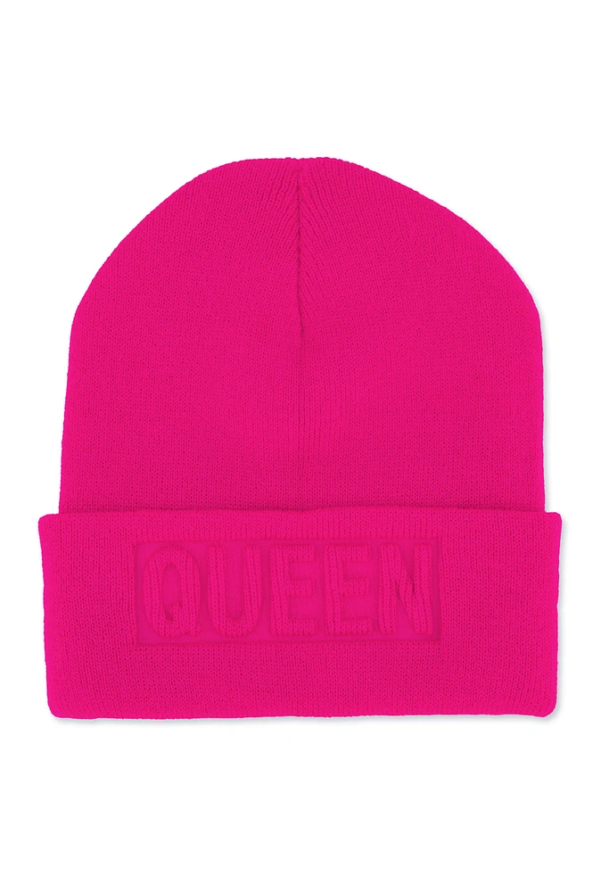 Womens Queen Embossed Beanie, Pink