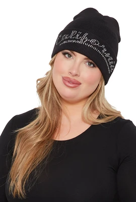 Womens California Rhinestone Beanie, Black