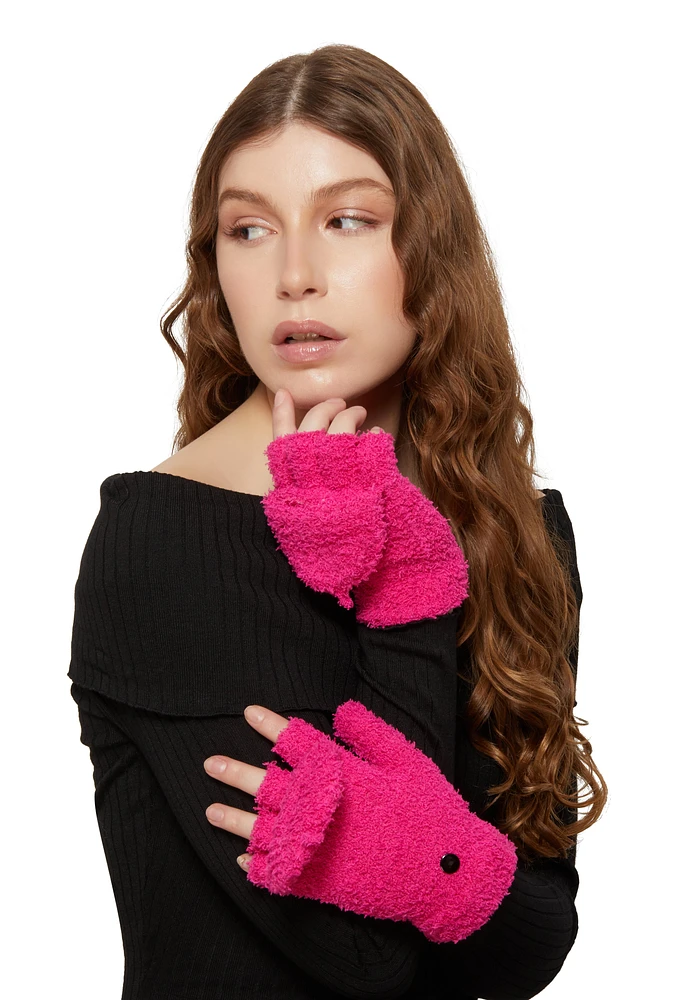 Womens Eyelash Knit Convertible Fingerless Mittens, Pink