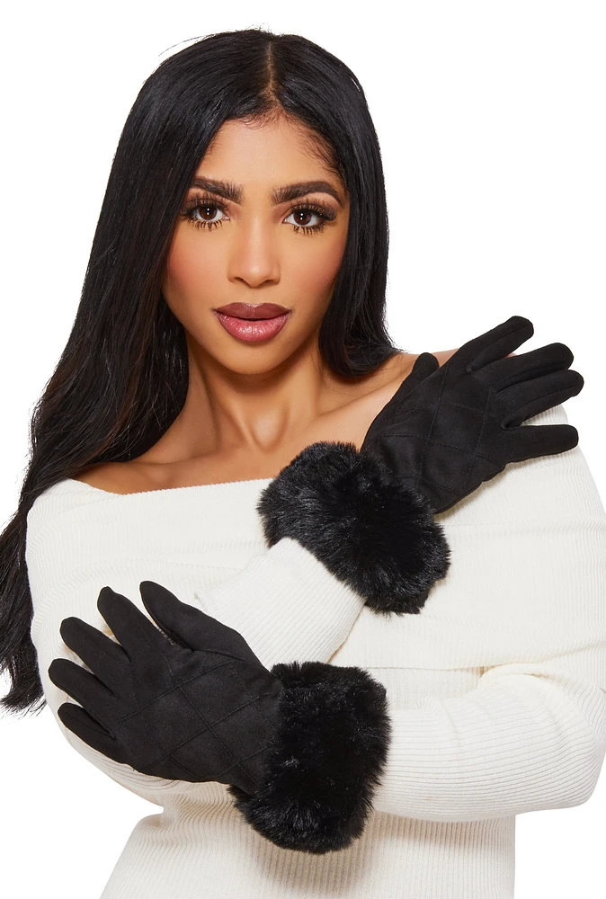 Womens Faux Suede Quilted Gloves, Black