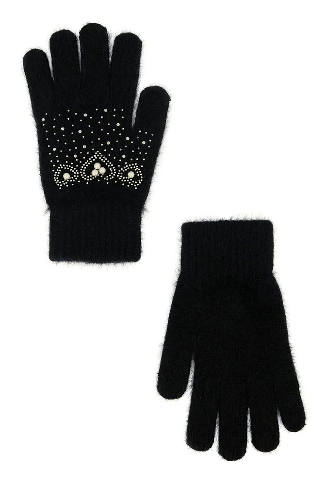 Womens Rhinestone Faux Pearl Studded Wool Gloves, Black