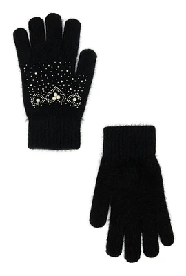 Womens Rhinestone Faux Pearl Studded Wool Gloves, Black