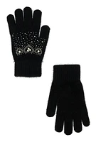 Womens Rhinestone Faux Pearl Studded Wool Gloves, Black