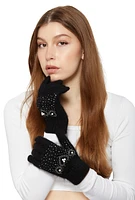 Womens Rhinestone Faux Pearl Studded Wool Gloves, Black