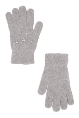 Womens Rhinestone Faux Pearl Studded Wool Gloves, Grey