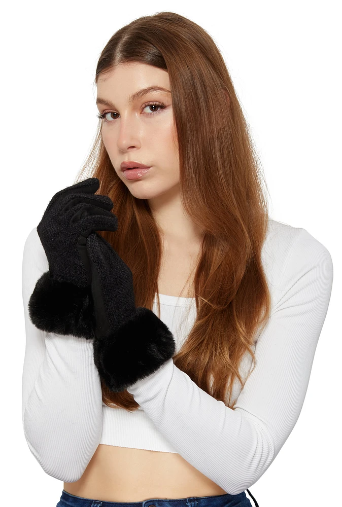 Womens Eyelash Knit Faux Fur Cuff Gloves, Black