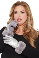 Womens Metallic Faux Suede Quilted Gloves, Grey