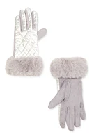 Womens Metallic Faux Suede Quilted Gloves, Grey