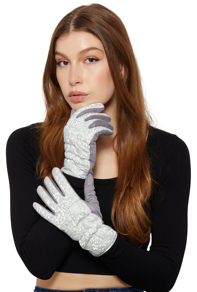 Womens Iridescent Checkered Puffer Gloves, Grey