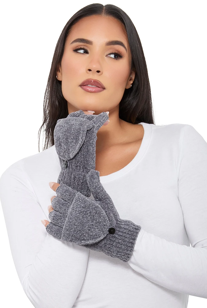 Womens Chenille Convertible Fingerless Mittens, Grey