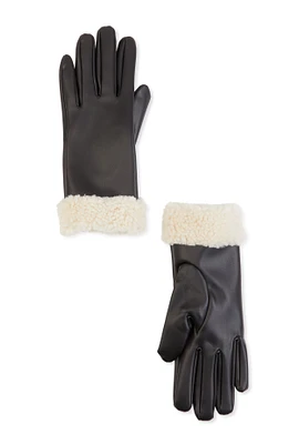 Womens Sherpa Cuff Faux Leather Gloves, Black