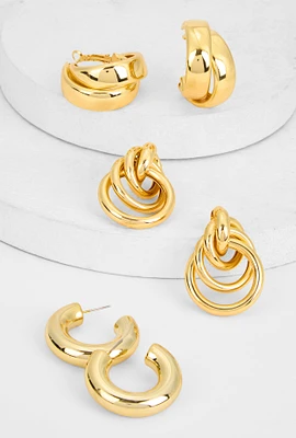 Womens Metallic Hoop and Interlocking Drop Earrings Set of 3,