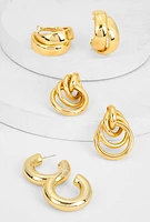 Womens Metallic Hoop and Interlocking Drop Earrings Set of 3,