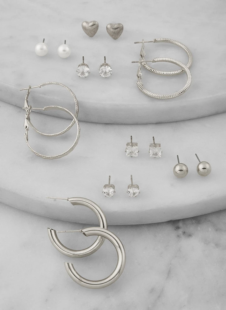 Womens Assorted Cubic Zirconia Stud and Hoop Earring Set, Silver
